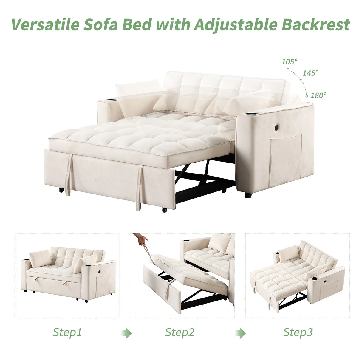 Multi Functional Sofa Bed With Cup Holder And USB Port For Living Room Or Apartments - Furniture Home Direct