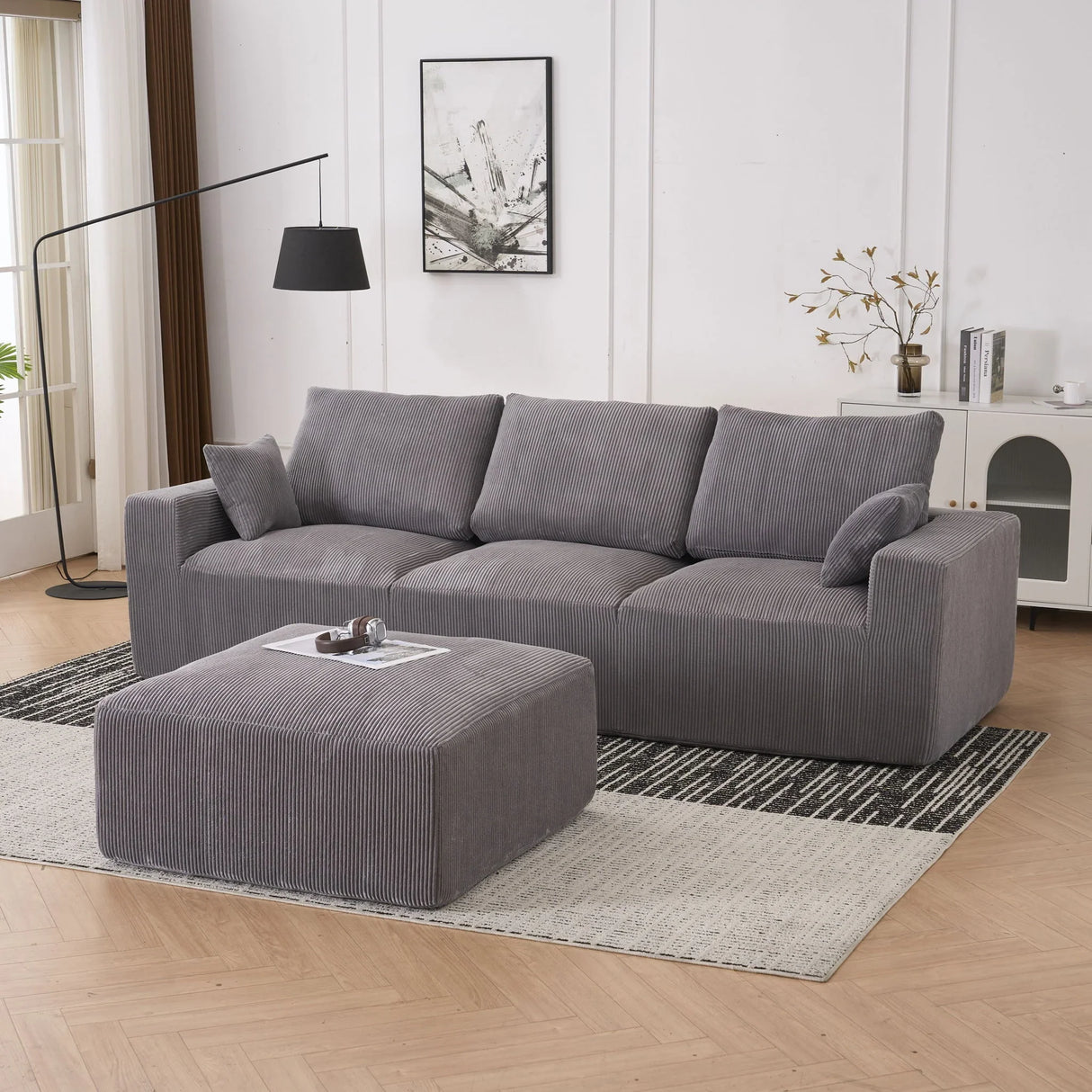 Modular Sectional Sofa With Ottoman, USB And Type C Charger, Petal Armrest Design - Furniture Home Direct