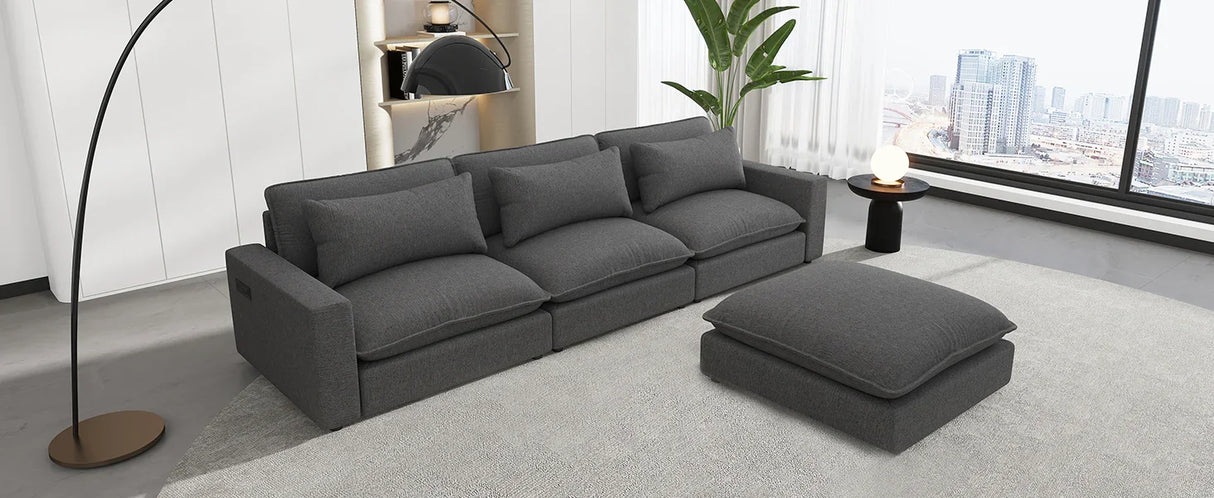 Chenille Cloud Sectional with Ottoman, Charging Ports and Three Back Pillows - Grey - Furniture Home Direct