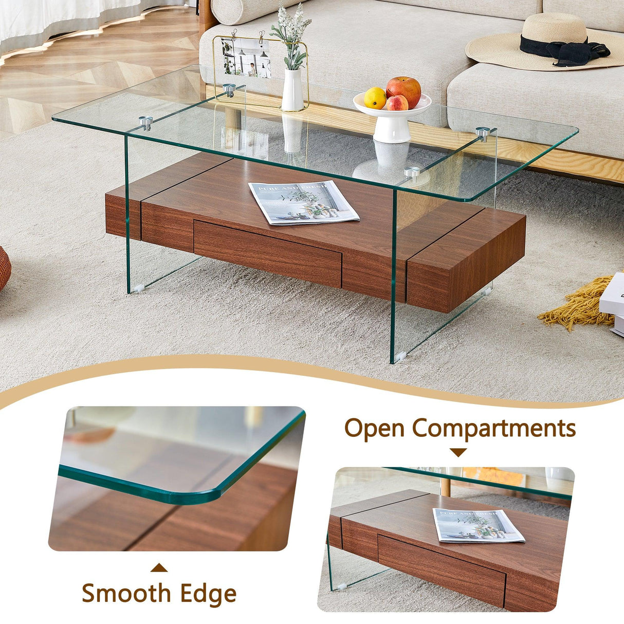 Coffee Table Two Tier Glass Top With Drawer Dark Walnut - Furniture Home Direct