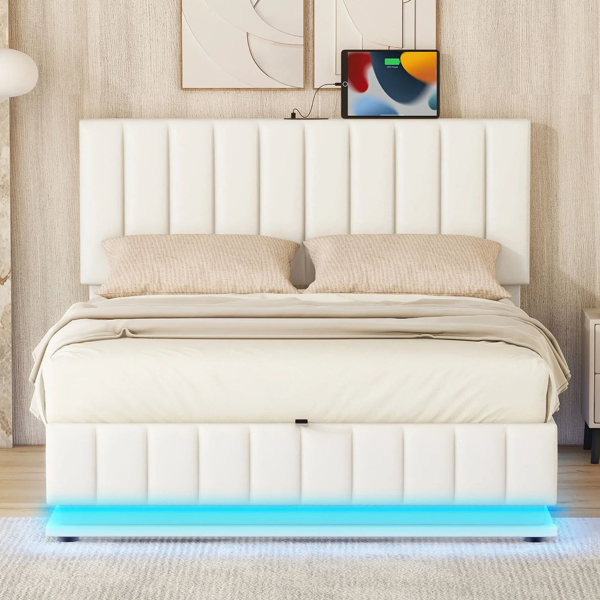 Upholstered Bed With Hydraulic Storage System And LED Light, With Sockets And USB Ports - Furniture Home Direct