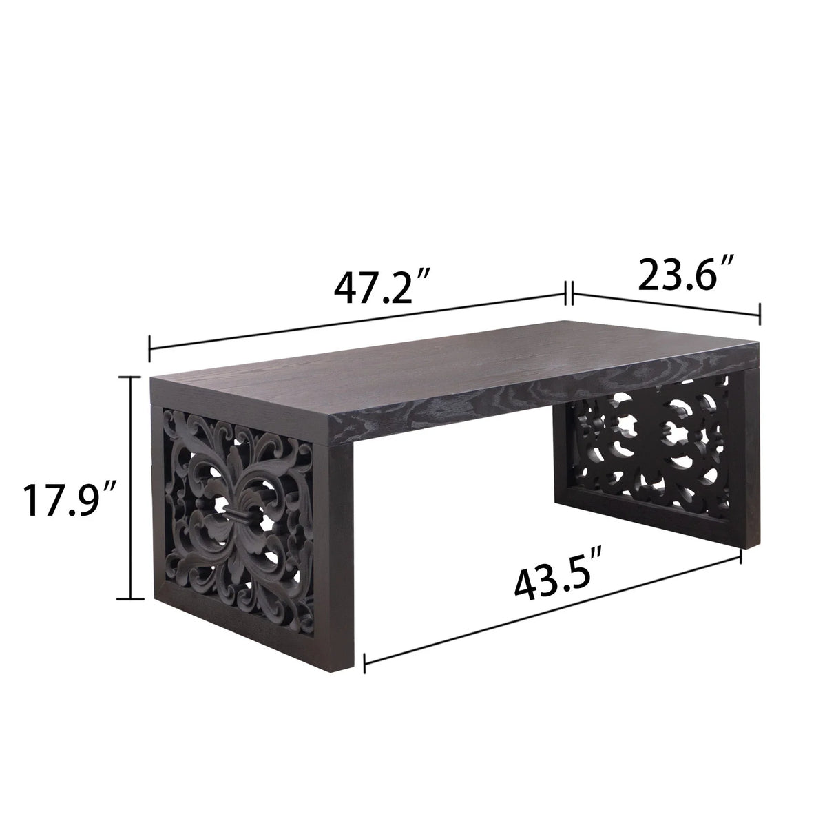 Rustic Carved Wood Coffee Table, Handcrafted Look With Ornate Side Panels - Furniture Home Direct