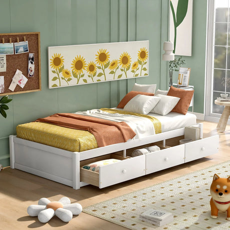 Twin Size Platform Storage Bed With 3 Drawers - White - Furniture Home Direct