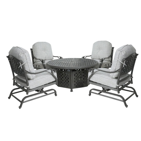 5 Piece Cast Aluminum Chat Fire Pit Set With Cushion - Furniture Home Direct