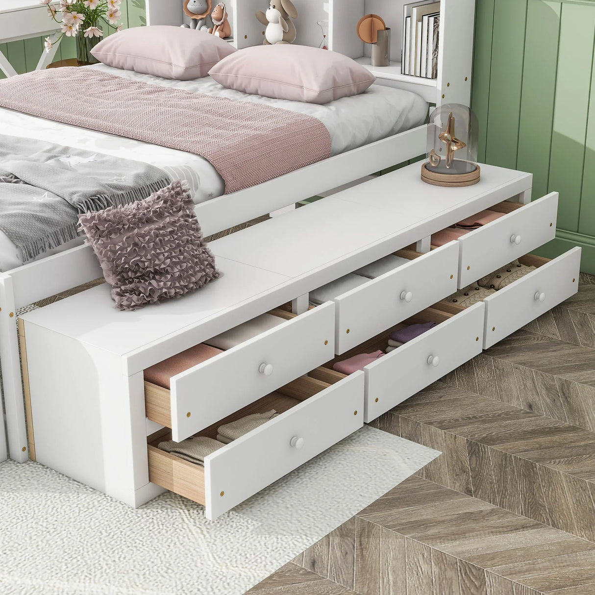 Bed With Bookcase Headboard, Under Bed Storage Drawers And Bed End Storage Case - Furniture Home Direct