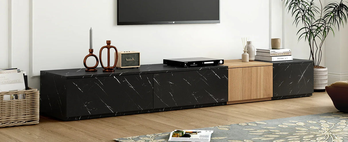 TV Stand With Faux Marble Walnut Finish Low Profile Black - Furniture Home Direct