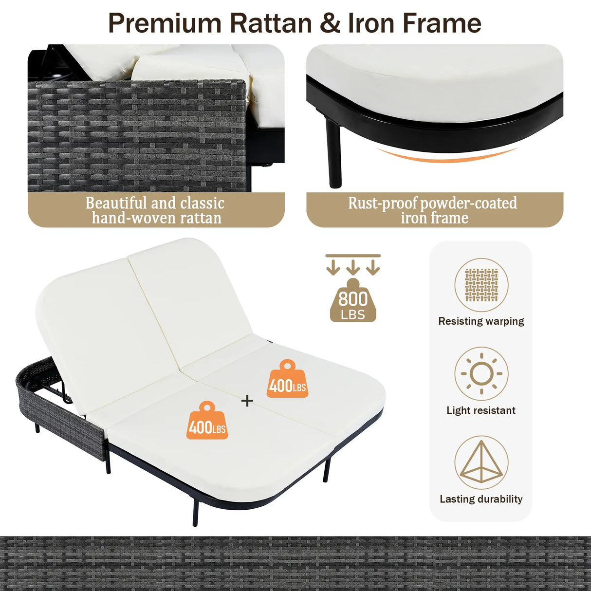 Outdoor Wicker Double Chaise (Black Frame+Beige Cushion) - Furniture Home Direct