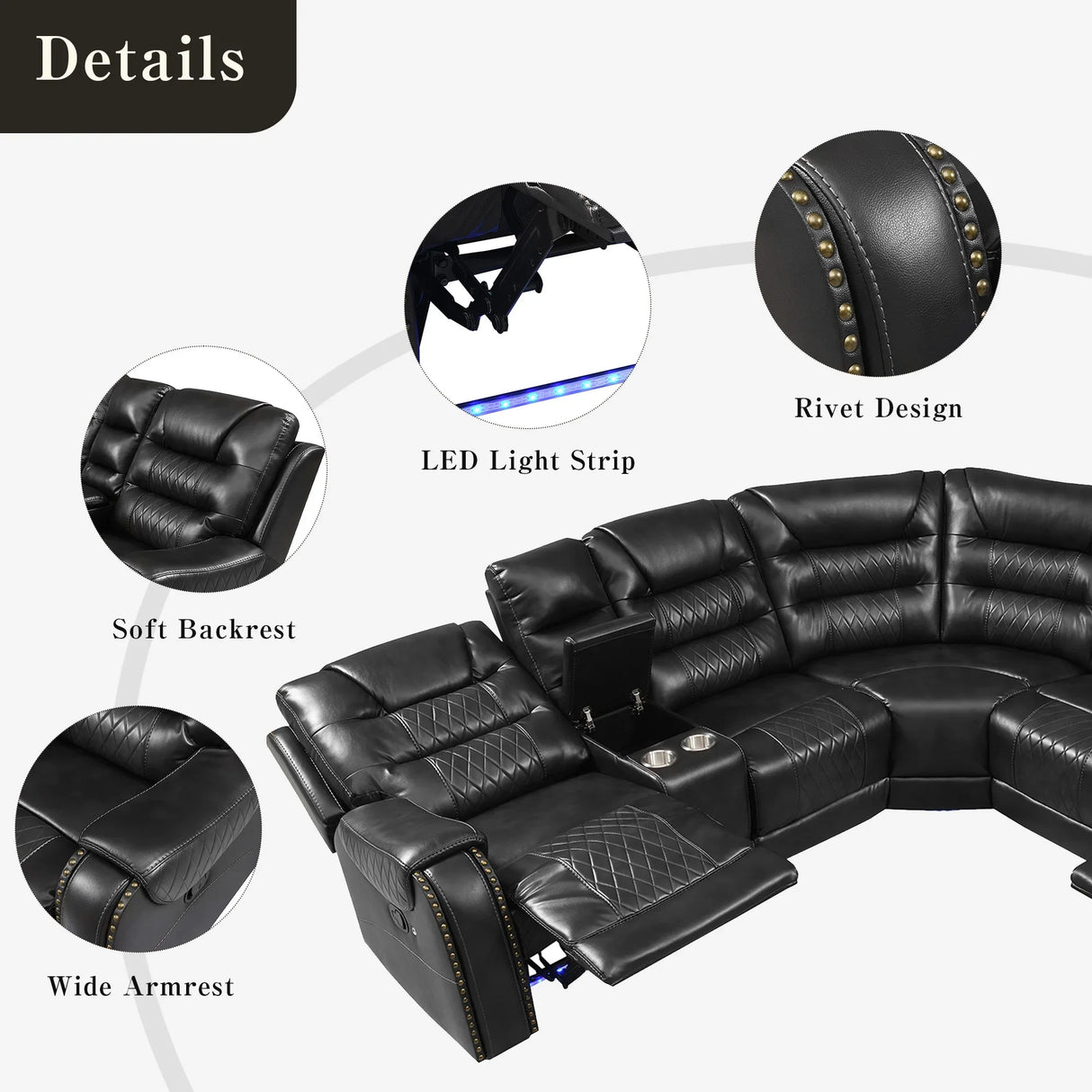 Sectional Sofa Manual Reclining With LED Light Strips Black - Furniture Home Direct