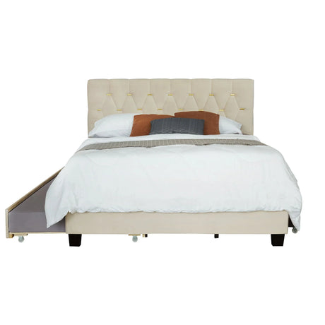 Queen Bed With Pull Out Trundle & Storage Drawers, No Box Spring Required, Space Saving Design - Beige - Furniture Home Direct