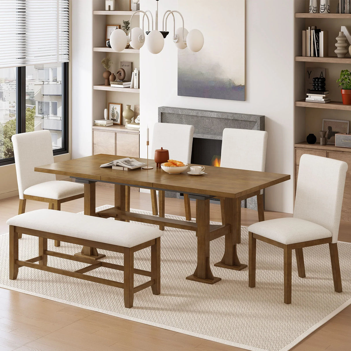 Topmax - 6 Piece Farmhouse Extendable Dining Table Set Trestle Kitchen Table Set With Removable Leaf And Upholstered Dining Chair And Bench For Dining Room - Furniture Home Direct