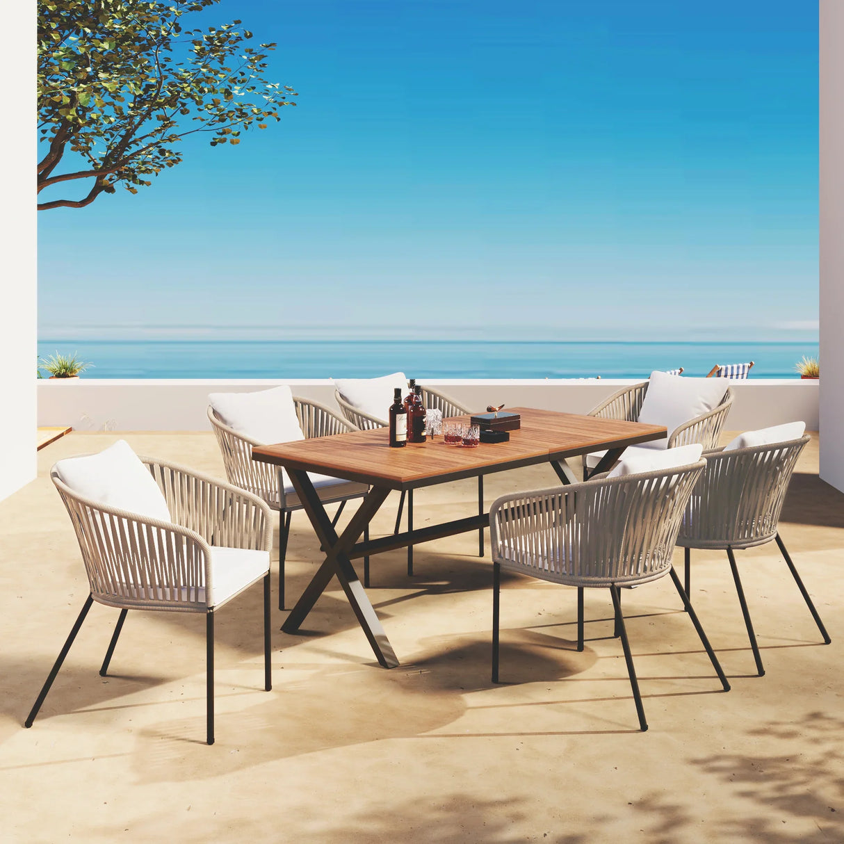 7 Piece All-Weather Patio Dining Set with Acacia Wood Tabletop and Metal Frame - Beige - Furniture Home Direct