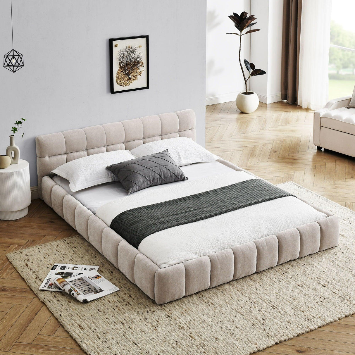 Modern Platform Bed Frame With Thick Chenille Fabric - Furniture Home Direct