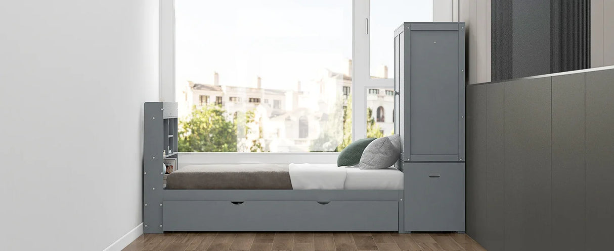 Twin Platform Bed With Storage Headboard Shelves Gray - Furniture Home Direct