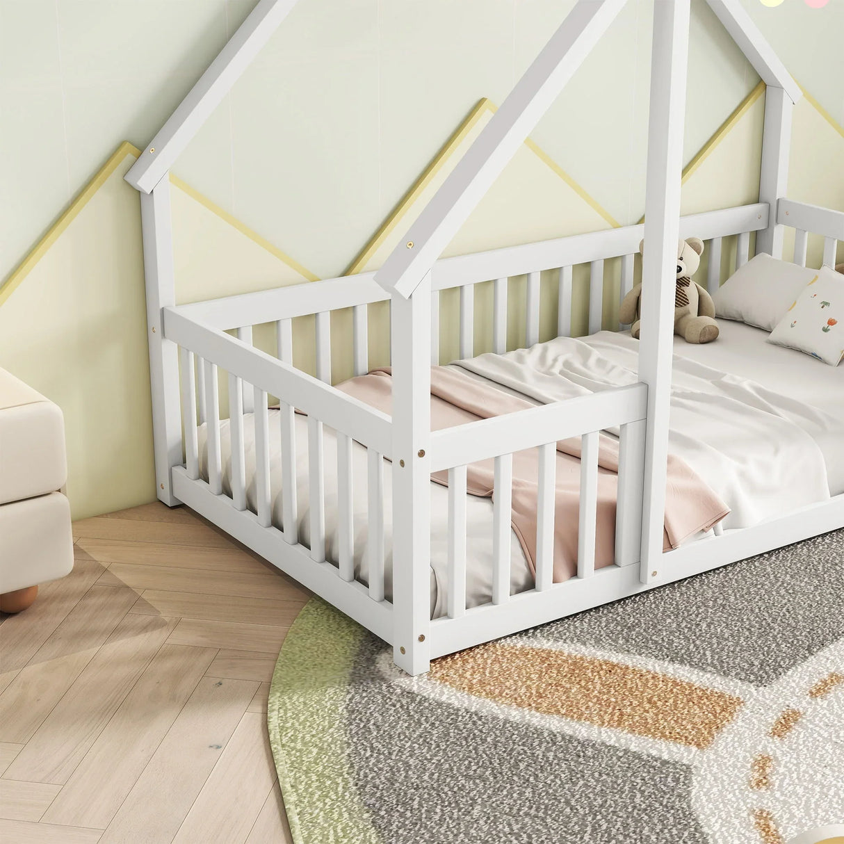 Wood House-Shaped Floor Bed With Fence, Guardrails - Furniture Home Direct