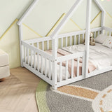 Wood House-Shaped Floor Bed With Fence, Guardrails - Furniture Home Direct