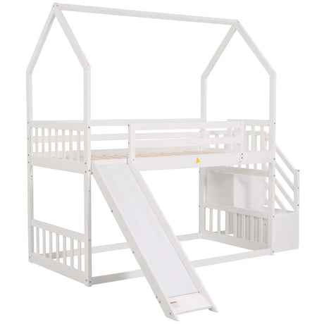 Twin Over Twin House Bunk Bed With Convertible Slide, Storage Staircase - Furniture Home Direct