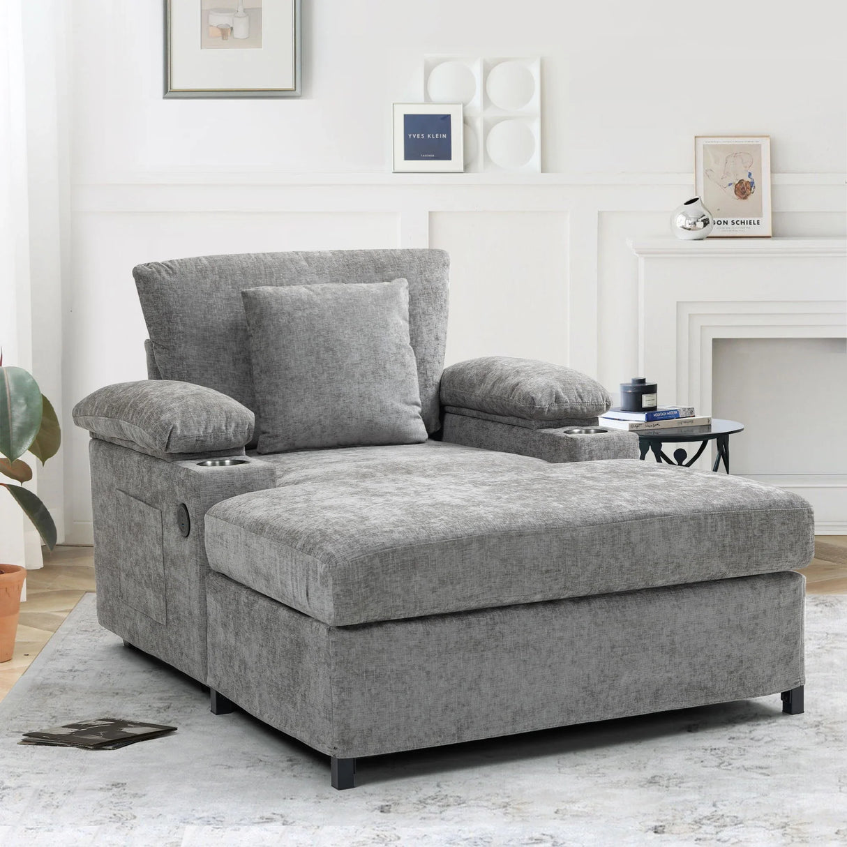 Chenille Fabric Sofa Bed With Cupholders And USB Charging Ports Chair For Living Room - Furniture Home Direct