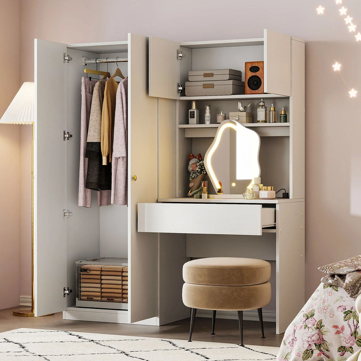 2 Door Storage Vanity Wardrobe For Bedroom With Makeup Mirror And Drawers - White - Furniture Home Direct