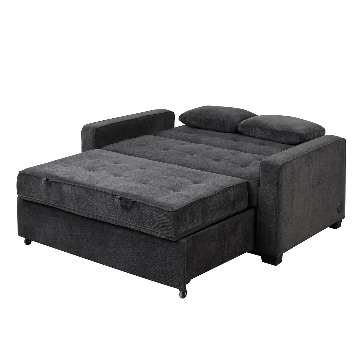 66.5" Upholstered Loveseat With Pull Out Bed, Two Throw Pillows, Dual USB Charging Port and Adjustable Backrest - Black - Furniture Home Direct