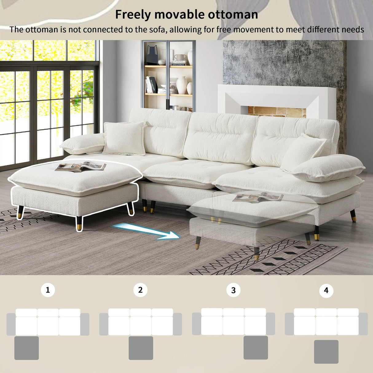 L Shaped Sofa Cloud Chenille Fabric Removable Ottoman White - Furniture Home Direct