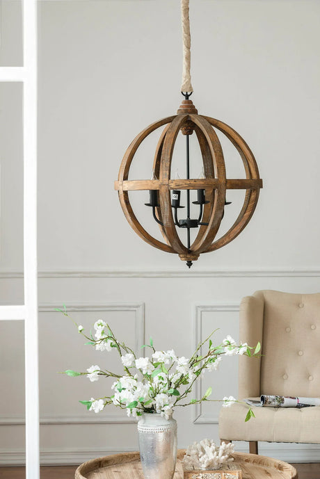 4 Light Wood Chandelier, Hanging Light Fixture With Adjustable Chain For Kitchen, Bulb Not Included - Brown - Furniture Home Direct