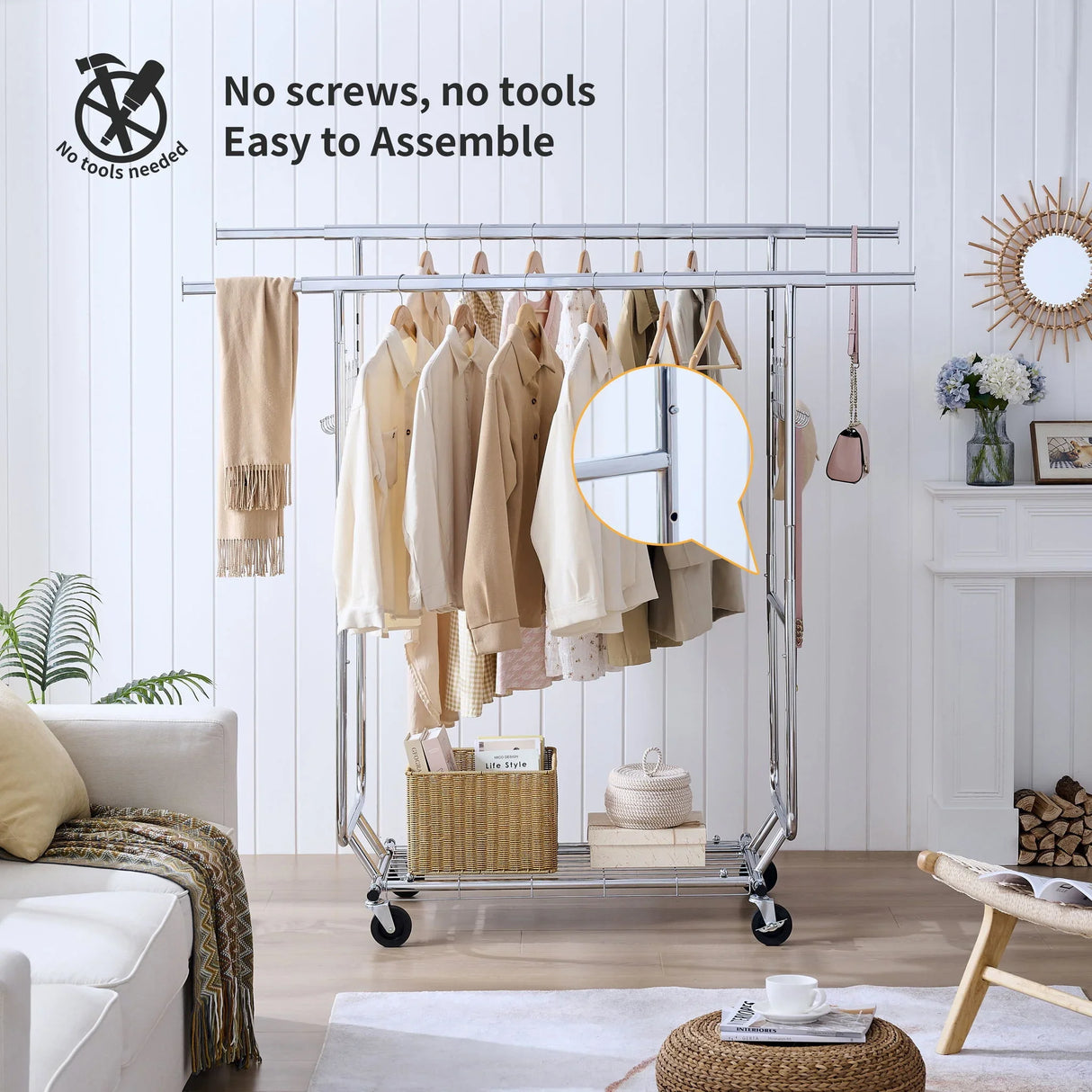 Heavy Duty Double Clothing Garment Rack With Shelves - Silver - Furniture Home Direct