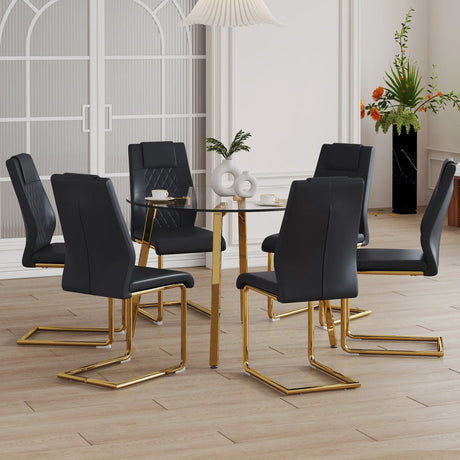 Dining Set Round Glass Table Six Faux Leather Chairs Black - Furniture Home Direct