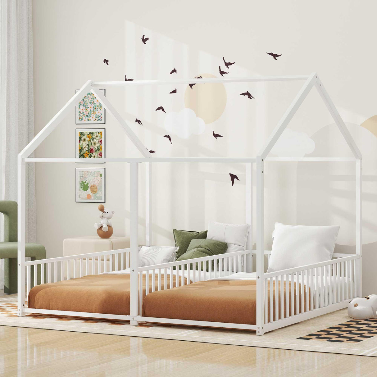 Metal Twin Size House Platform Beds 2 Shared Beds - Antique White - Furniture Home Direct