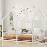 Metal Twin Size House Platform Beds 2 Shared Beds - Antique White - Furniture Home Direct