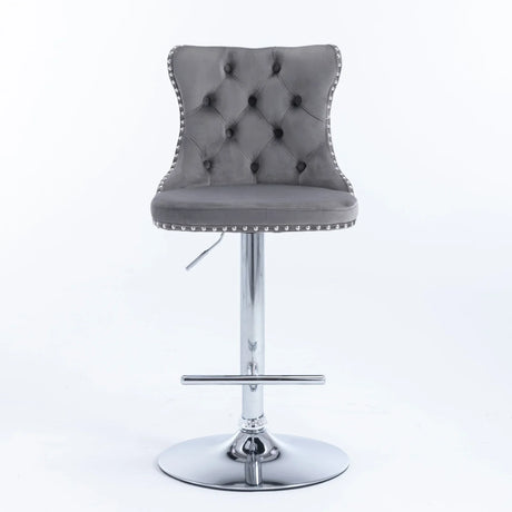 Counter Height Bar Stools Velvet Tufted Back Chrome Gray - Furniture Home Direct