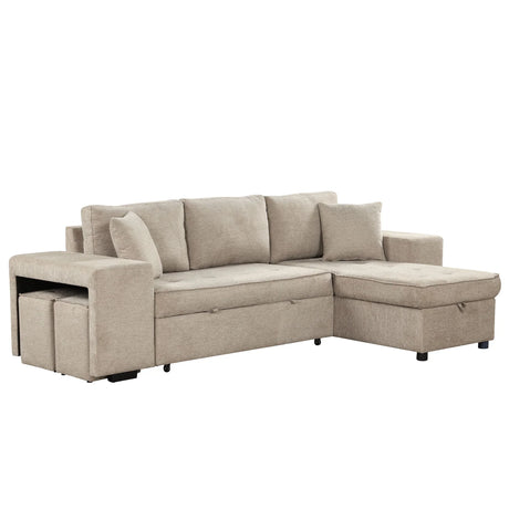 Modern L-Shape 3 Seat Reversible Sectional Couch, Pull Out Sleeper Sofa With Storage Chaise And 2 Stools For Living Room Furniture Set - Furniture Home Direct