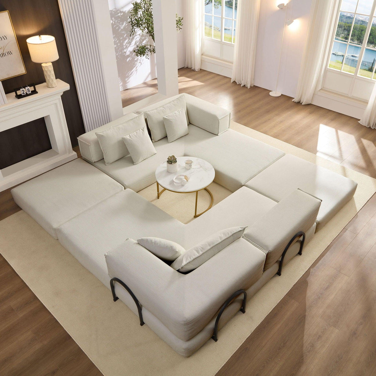 Modular L Shaped Floor Living Room Sofa Set With 6 Pillows - Furniture Home Direct