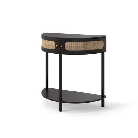 Boho Rattan Semi Circle End Table With Sliding Rattan Door, Storage And Bottom Shelf - Furniture Home Direct