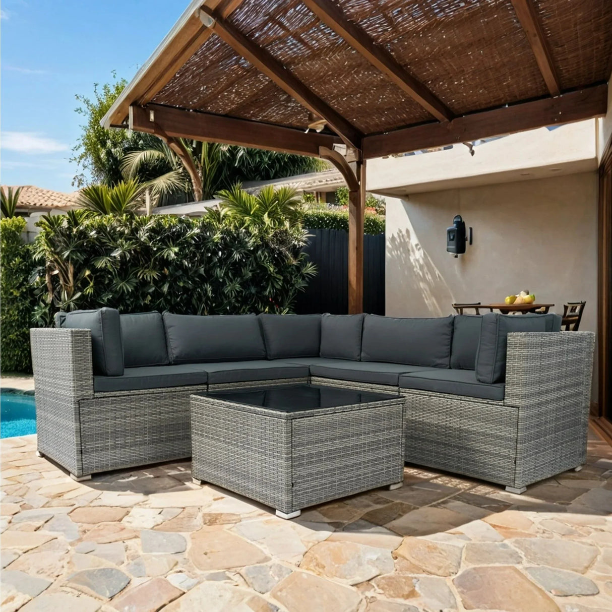 6 Pieces PE Rattan Sectional Outdoor Furniture Cushioned Sofa Set Wicker - Furniture Home Direct