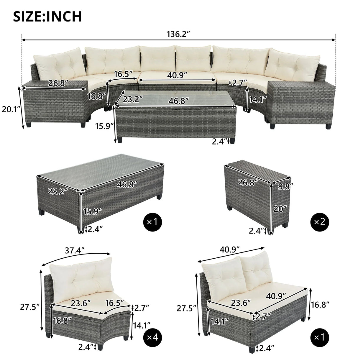 8 Pieces Outdoor Wicker Round Sofa Set, Half-Moon Sectional Sets All Weather, Curved Sofa Set With Rectangular Coffee Table, PE Rattan Water-Resistant And UV Protected, Movable Cushion - Furniture Home Direct