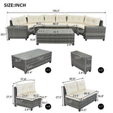 8 Pieces Outdoor Wicker Round Sofa Set, Half-Moon Sectional Sets All Weather, Curved Sofa Set With Rectangular Coffee Table, PE Rattan Water-Resistant And UV Protected, Movable Cushion - Furniture Home Direct
