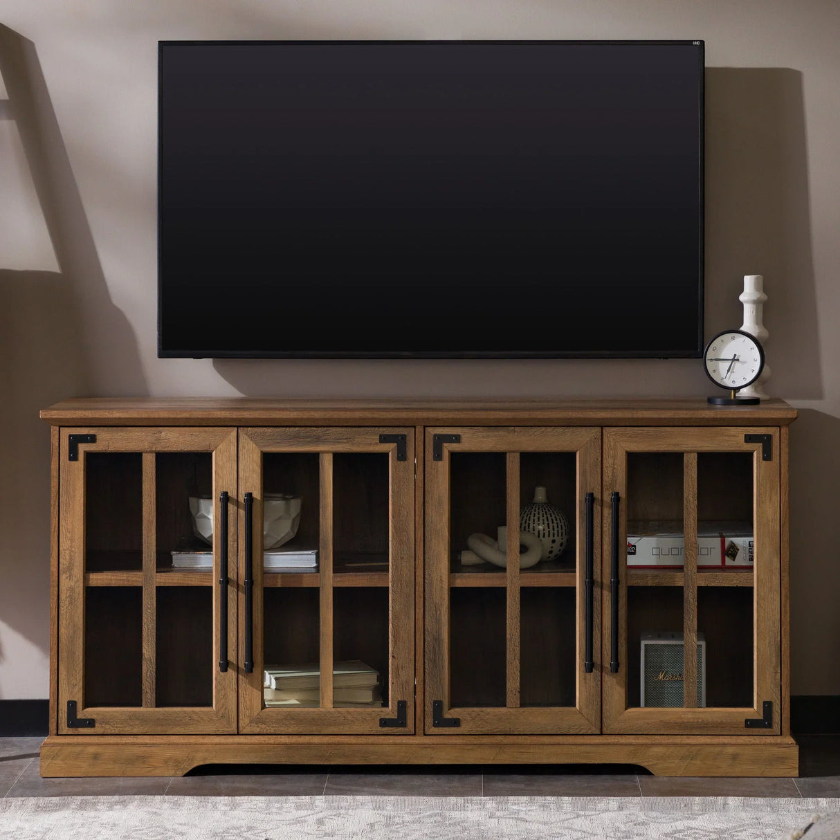 Modern Farmhouse Two Tone Windowpane Glass Door TV Stand For TVs Up To 65" - Furniture Home Direct