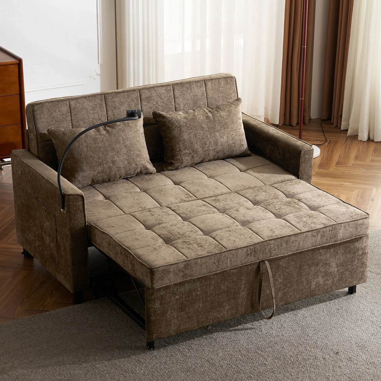 Pull-Out Sleeper Sofa With Reversible Backrest Cushion, Side Pockets, 2 USB Ports And A Phone Holder For Living Room - Furniture Home Direct