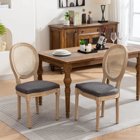 French Style Solid Wood Frame Antique Painting Linen Fabric Rattan Back Dining Chair (Set of 2) - Furniture Home Direct