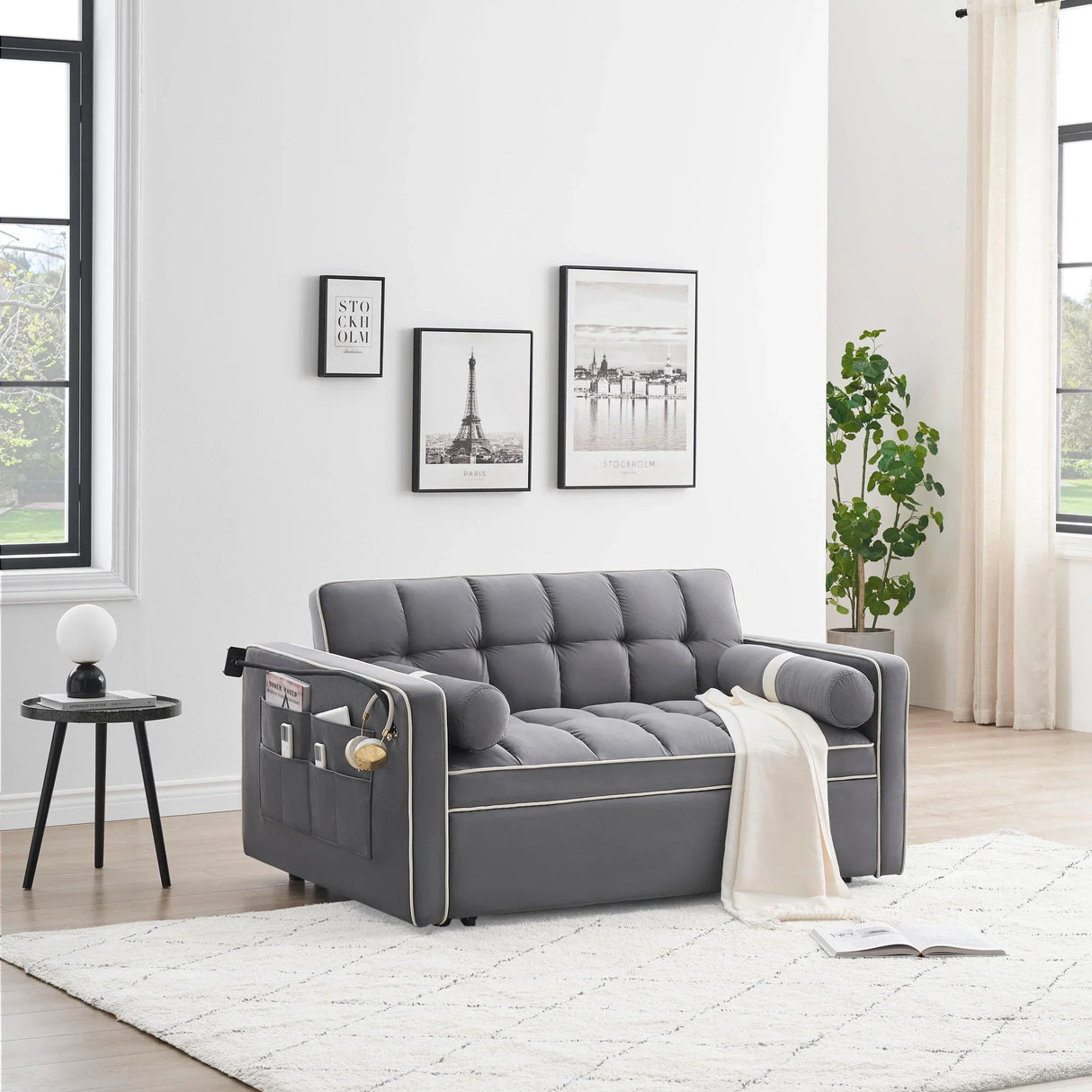 Modern Convertible Sleeper Sofa Couch With Pull Out Bed With Pillows & Side Pockets For Small Space, Living Room - Furniture Home Direct