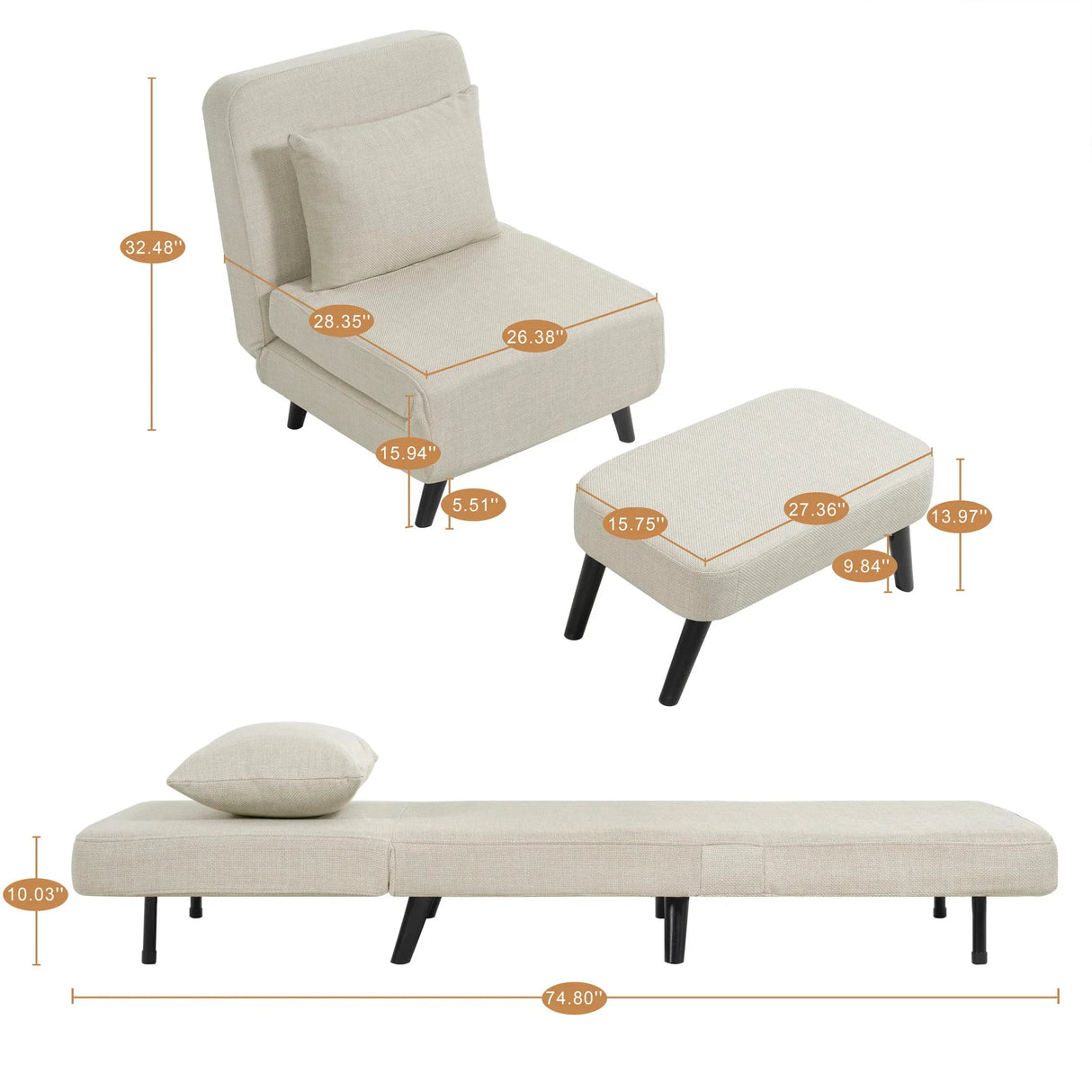 3 In 1 Foldable Linen Chaise Lounge With Adjustable Backrest - Furniture Home Direct