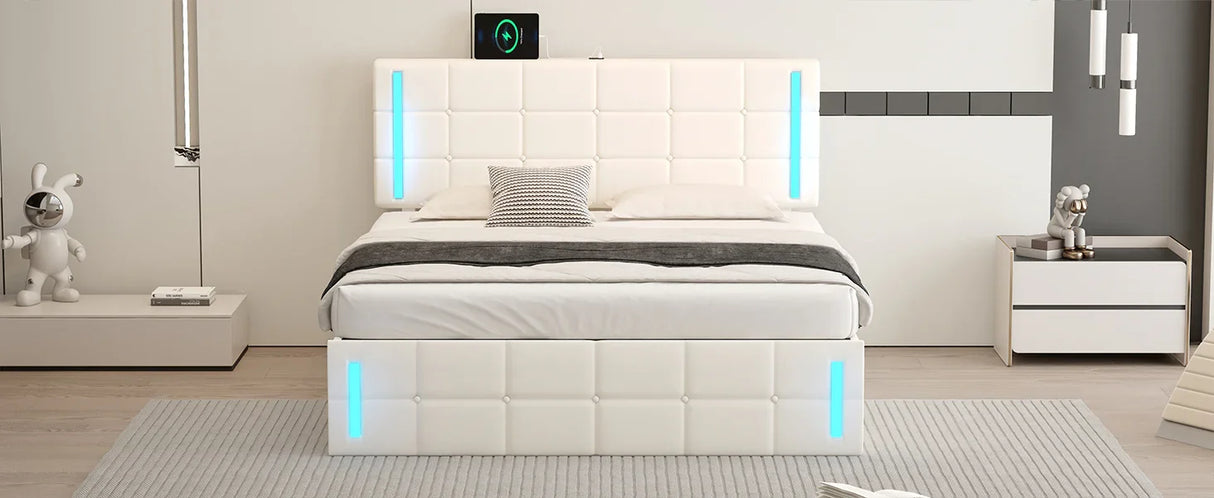 Storage Bed With LED Lights And Hydraulic Lift White - Furniture Home Direct