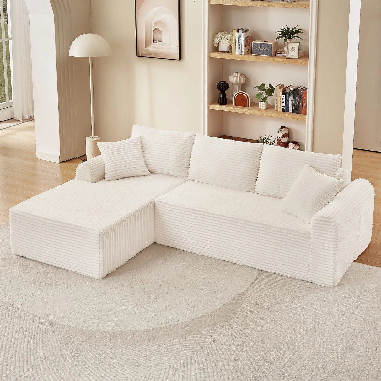 Modular Corduroy Sectional With Arched Armrests, Includes 3 Back Cushions & 2 Throw Pillows - Furniture Home Direct