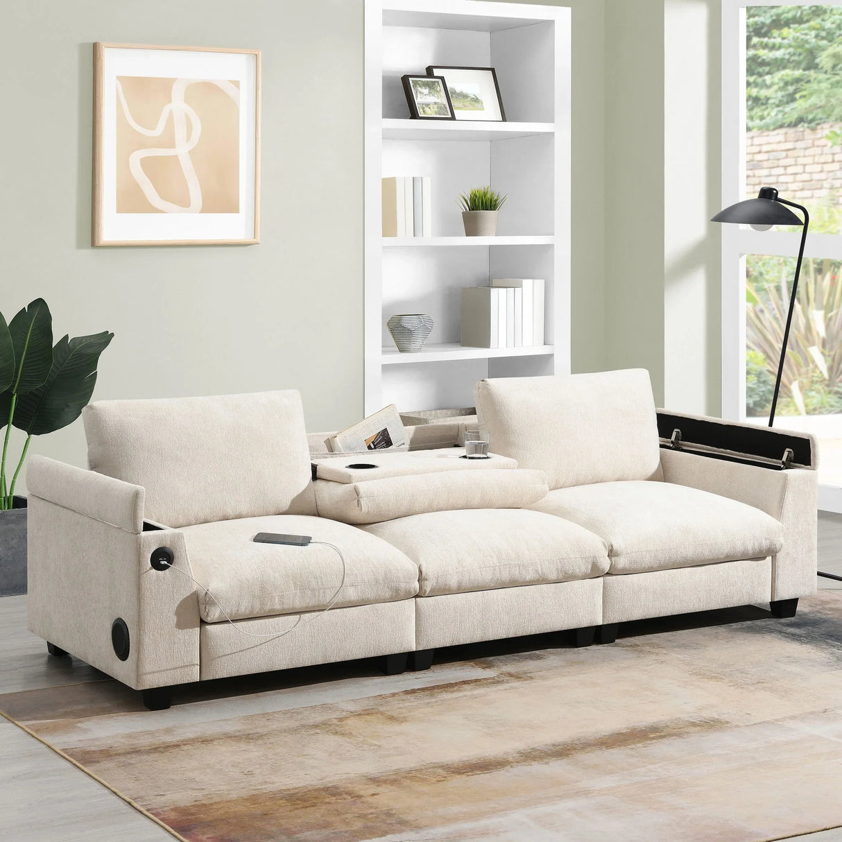 Sectional With Bluetooth Speaker Comfy Cloud Couch Set With Drop Down Table Cup Holders, USB Charger Storage Armrest Wide Seat Sofa - Furniture Home Direct