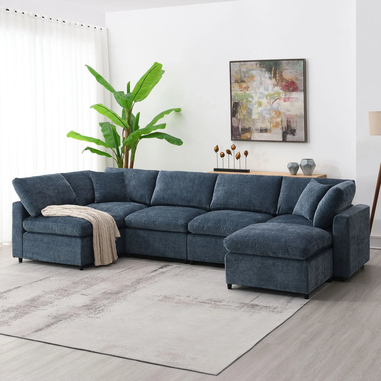 Modern Modular Cloud Sofa Bed, 6 Seat Chenille Sectional Couch Set With Ottoman, Free Combination, Convertible U Shaped Sleeper Sofa For Living Room - Furniture Home Direct