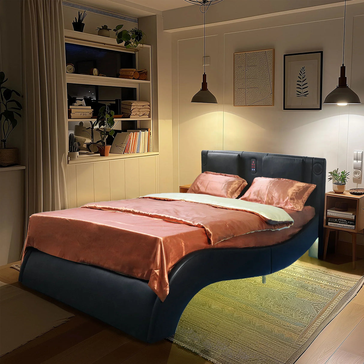 Upholstered Platform Bed Frame With LED Lighting, Bluetooth Connection To Play Music Control, Backrest Vibration Massage, Curve Design, Wood Slat Support, Exhibited Speakers - Furniture Home Direct