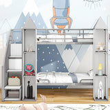 Metal Twin Over Twin Castle-Shaped Bunk Bed With Wardrobe And Multiple Storage - Gray / White - Furniture Home Direct