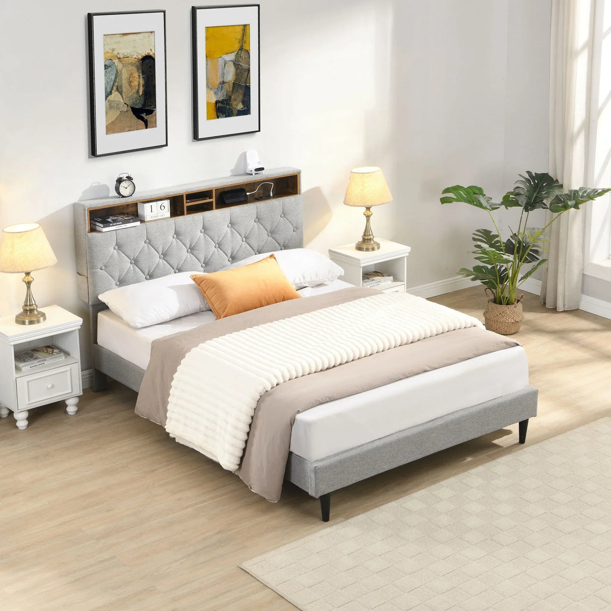 Modern Upholstered Platform Bed Frame With Button Tufted Headboard And USB Ports - Furniture Home Direct