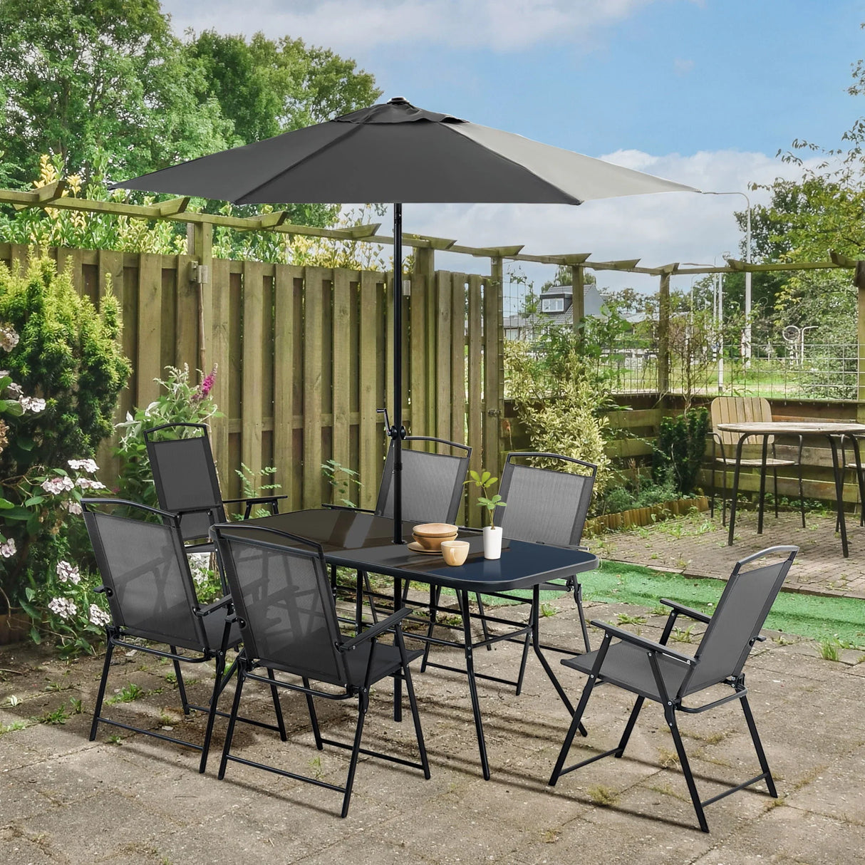 Outsunny - Patio Dining Set With Table Umbrella, Folding Chairs And Dining Table, Outdoor Patio Furniture Set - Furniture Home Direct