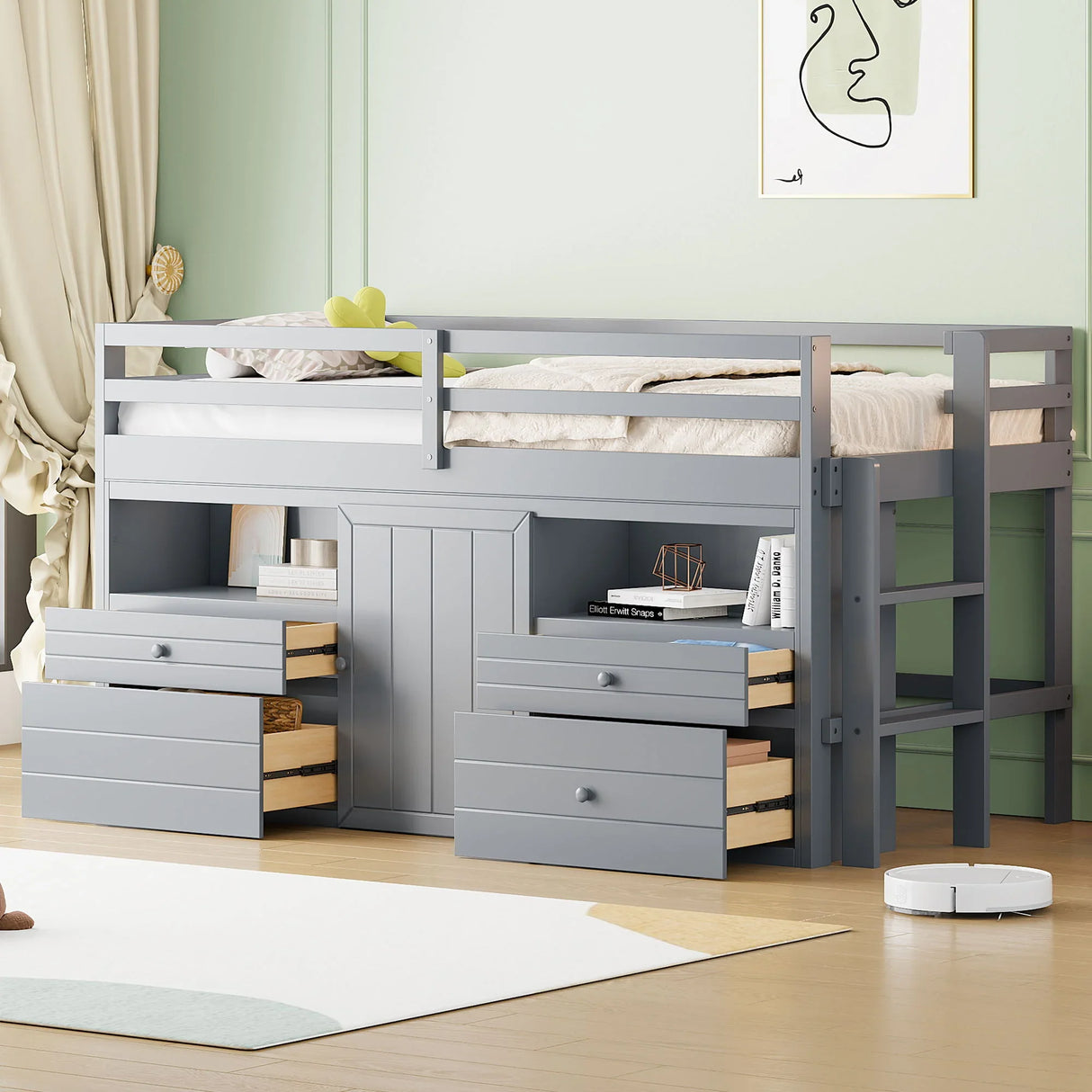 Loft Bed With 4 Drawers, Underneath Cabinet And Shelves - Furniture Home Direct